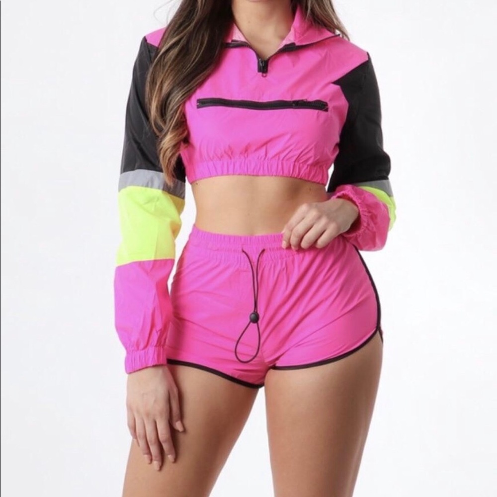 Two piece reflective crop Jacket and shorts Set